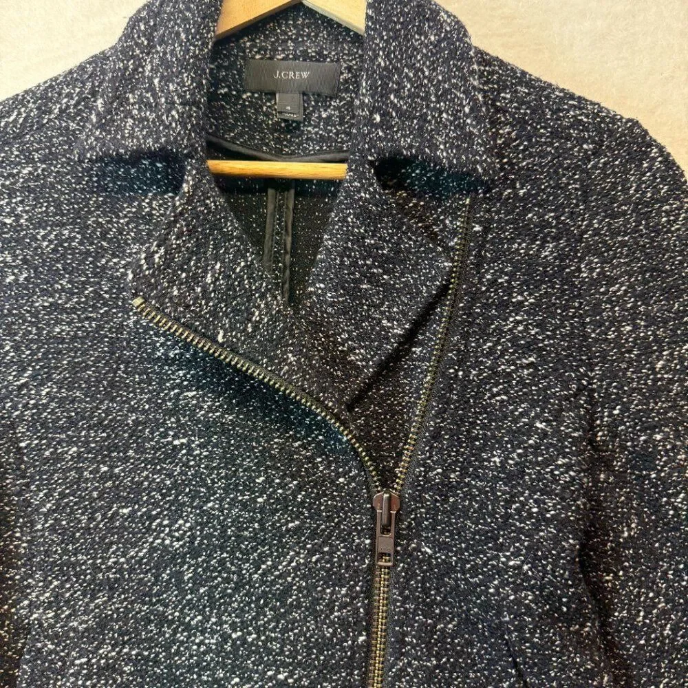 J.Crew Navy Speckled Knit Moto Jacket Asymmetrical Zip Wool Blend Size 4 Casual
